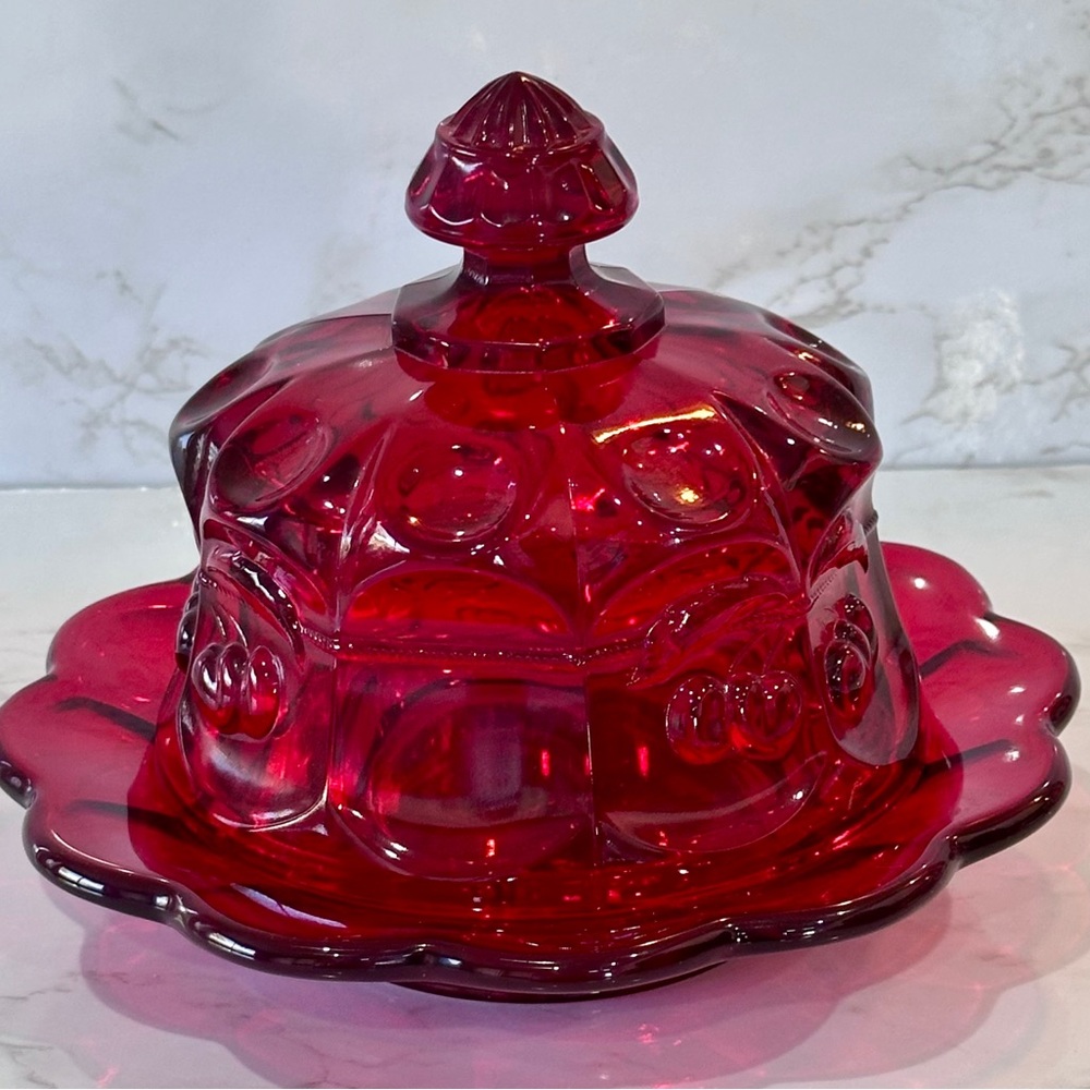 🍒Vintage Style Mosser Ruby Red Cherry & Cable Covered Butter Dish - Mint!🍒